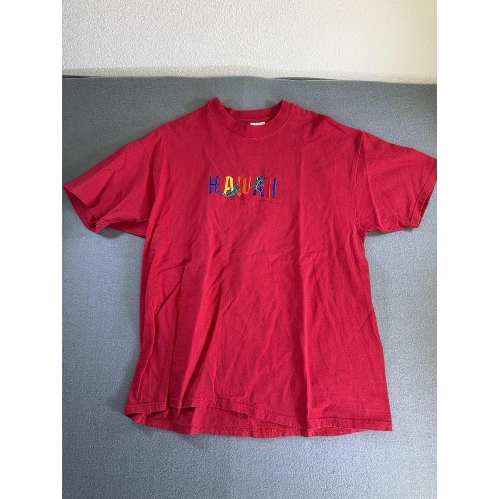 VTG Hanes Shirt Mens XL Red Hawaii Embroidered Gecko Tropical Graphic Beefy-T
